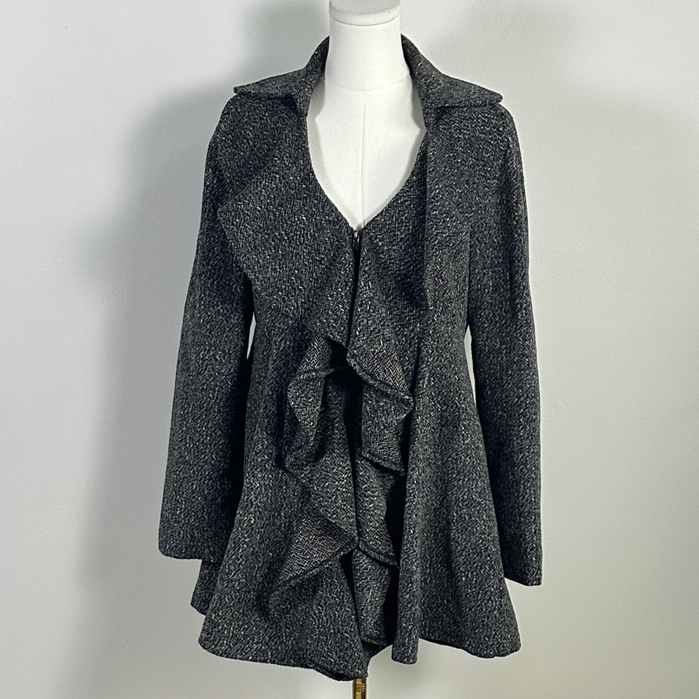 Anthropologie Ryu Feminine Tweed Wool Blend Ruffled Tailored Chic Coat L Gray